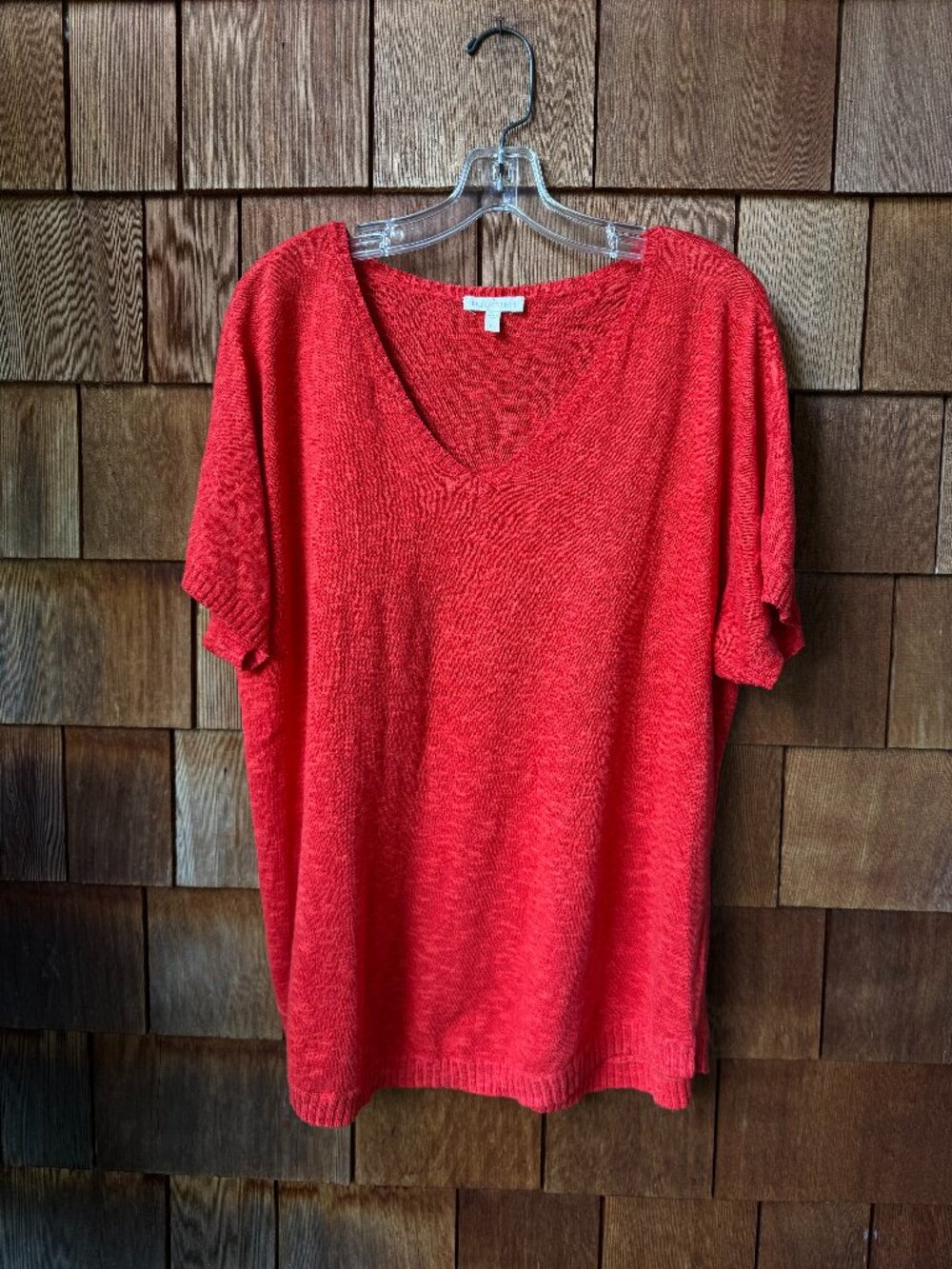 Eileen Fisher V-Neck Red Cotton/Linen Slub Knit Linen Top in Women's X-Large